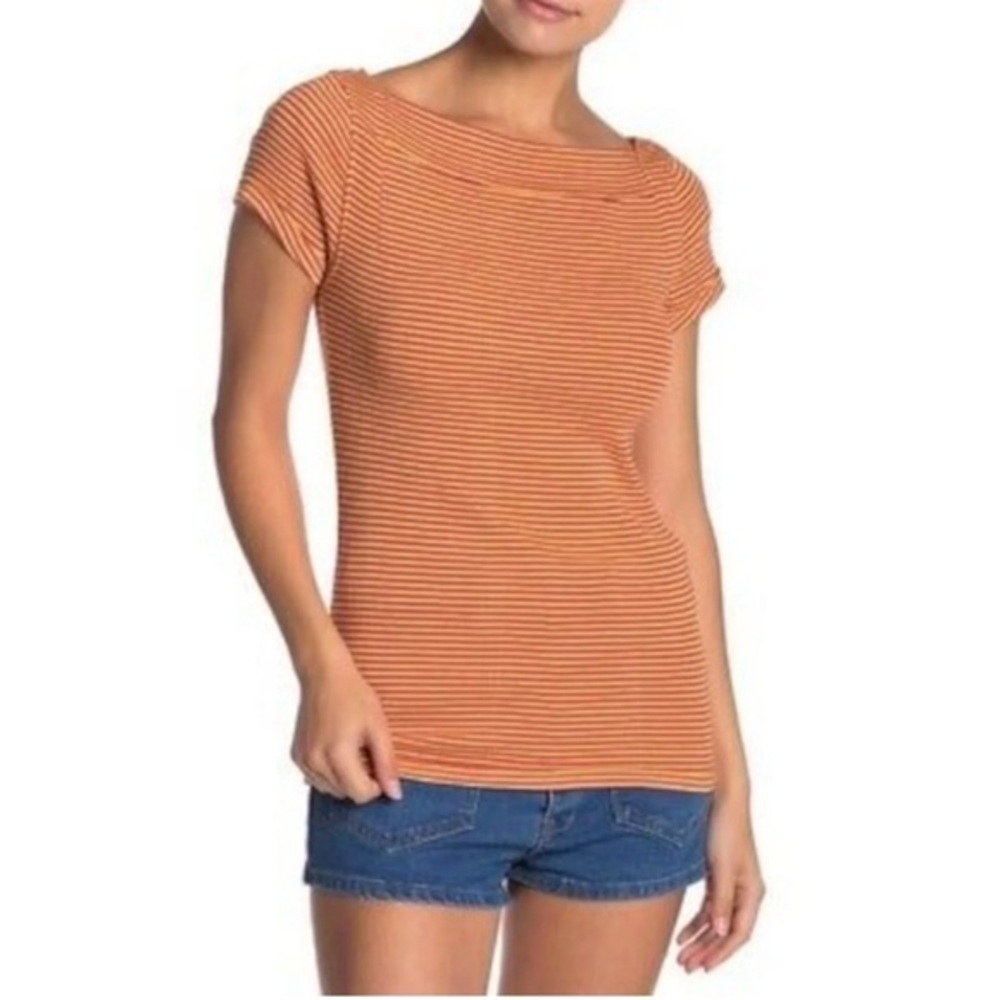 We The Free Orange Cream Striped Square Neck Baby Tee Small
